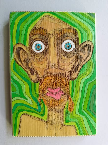 Quirky character portrait on a green ripple background