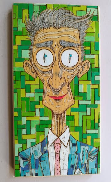 Tall suited character hand-painted on reclaimed wood